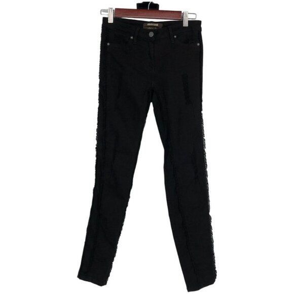 Roberto Cavalli Black Distressed Fringe Skinny Jeans w/ Frayed Trim detail - Picture 1 of 16